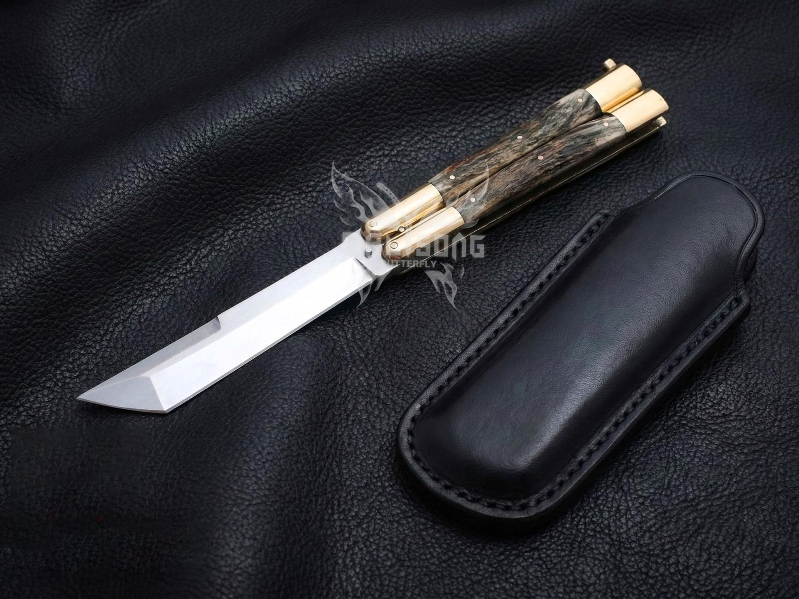 Handmade D2 Steel Balisong Tanto Blade Knife| Stag & Brase Bolsters Handle | Premium Butterfly Knife with Leather Sheath BF-150