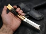 Handmade D2 Steel Balisong Knife| Stag & Brase Bolsters Handle | Premium Butterfly Knife with Leather Sheath BF-153 - Image 4