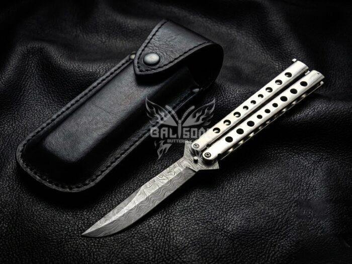 Handmade Damascus Steel Balisong Tanto Blade Knife| 410 stainless steel Handle | Premium Butterfly Knife with Leather Sheath BF-157
