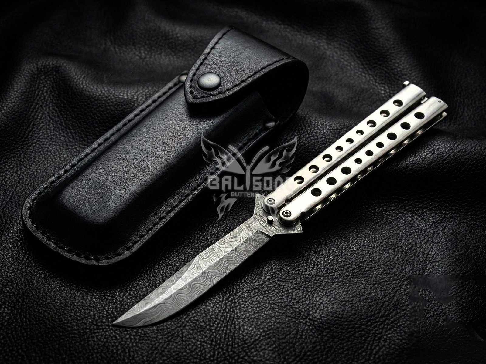 Handmade Damascus Steel Balisong Tanto Blade Knife| 410 stainless steel Handle | Premium Butterfly Knife with Leather Sheath BF-157