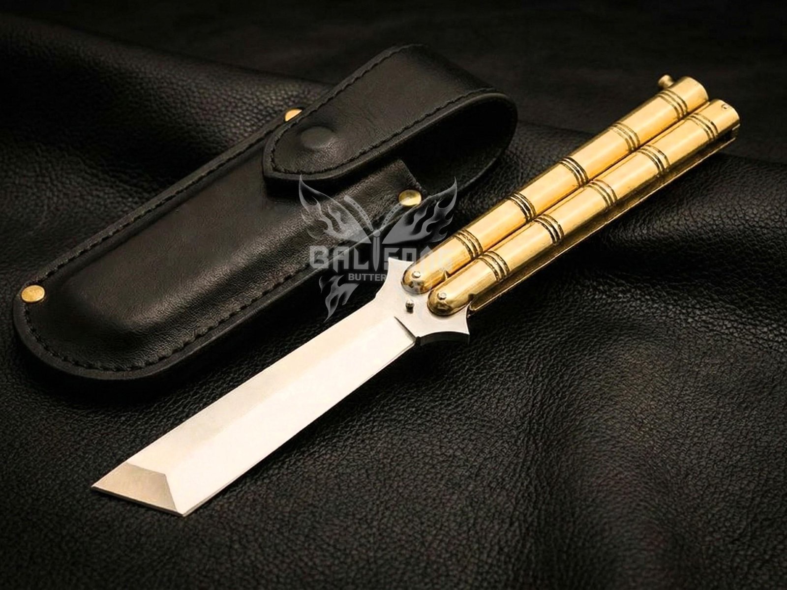 Handmade D2 Steel Balisong Knife| Brase Handle | Premium Butterfly Knife with Leather Sheath BF-154