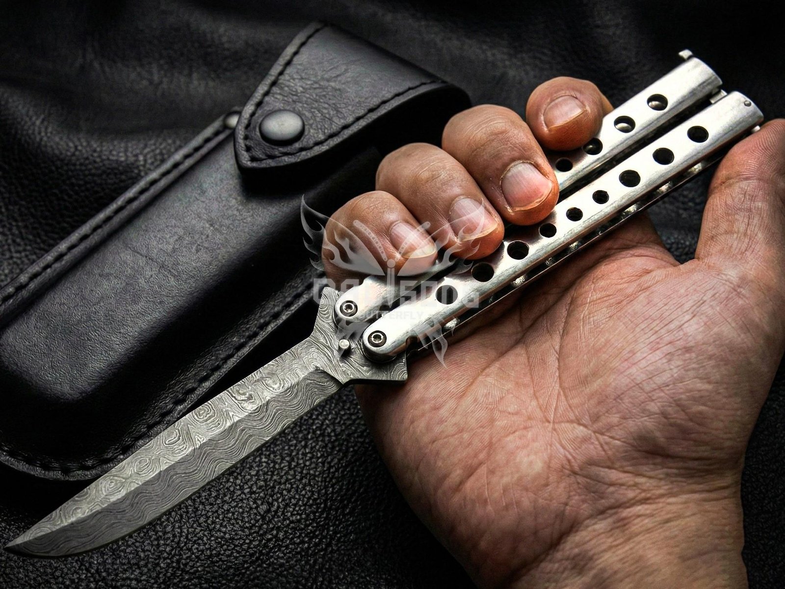 Handmade Damascus Steel Balisong Tanto Blade Knife| 410 stainless steel Handle | Premium Butterfly Knife with Leather Sheath BF-157 - Image 3