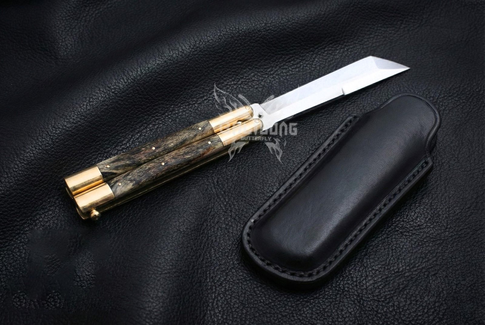 Handmade D2 Steel Balisong Tanto Blade Knife| Stag & Brase Bolsters Handle | Premium Butterfly Knife with Leather Sheath BF-150 - Image 3