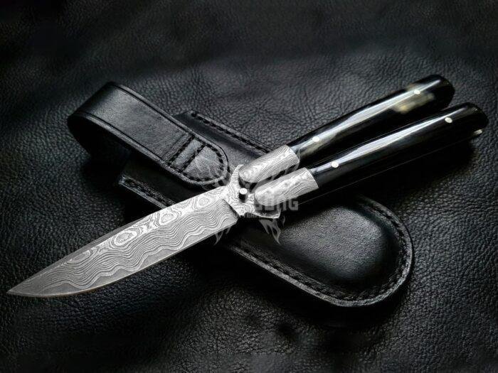 Handmade Damascus Steel Balisong Knife | Black Horn & Damascus Steel Bolster Handle | Premium Butterfly Knife with Leather Sheath BF-162