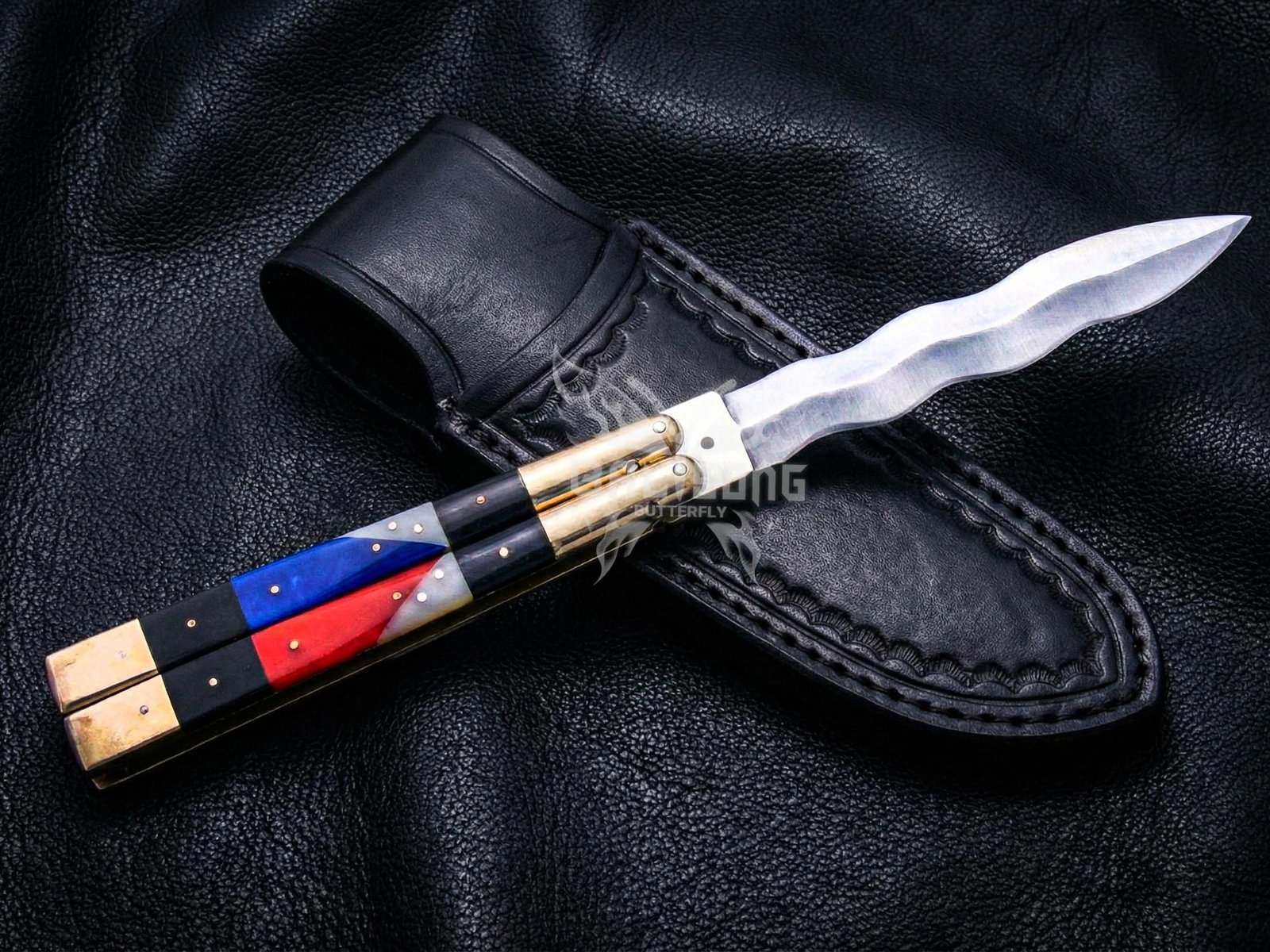 Handmade D2 Steel Balisong Double Edge Knife| Micarta Resin & Brase Bolsters Handle | Premium Butterfly Knife with Leather Sheath BF-160 - Image 4