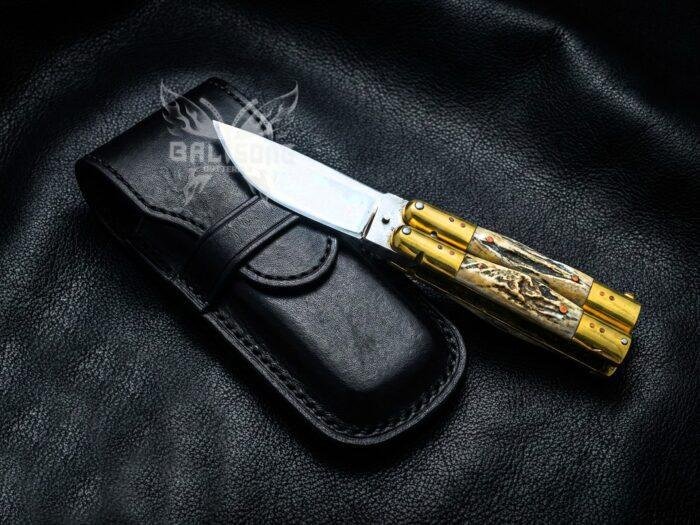 Handmade D2 Steel Balisong Knife| Stag & Brase Bolsters Handle | Premium Butterfly Knife with Leather Sheath BF-159