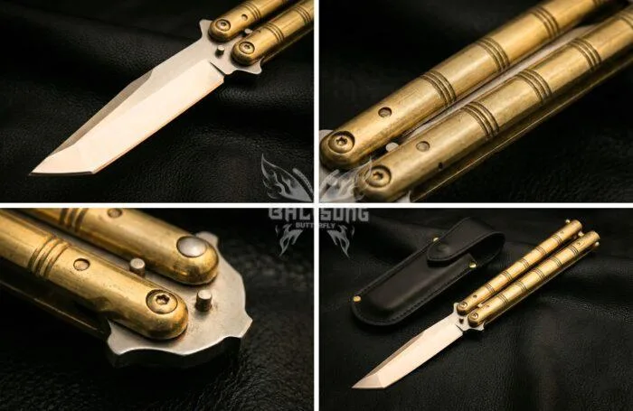 Handmade D2 Steel Balisong Knife, Brase Handle, Premium Butterfly Knife with Leather Sheath BF-154 - view 2