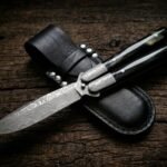 Hatinggabi Handmade Damascus Steel Balisong Knife | Black Horn & Damascus Steel Bolster Handle | Premium Butterfly Knife with Leather Sheath BF-162