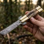 Lakas Handmade Damascus Steel Balisong Tanto Blade Knife| Stag & Brass Bolsters Handle | Premium Butterfly Knife with Leather Sheath BF-156