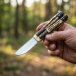 Sagisag Handmade D2 Steel Balisong Knife| Stag & Rose Wood Handle | Premium Butterfly Knife with Leather Sheath BF-158