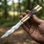 Sulo Handmade D2 Steel Balisong Double Edge Knife| Stag & Brass Bolsters Handle | Premium Butterfly Knife with Leather Sheath BF-152
