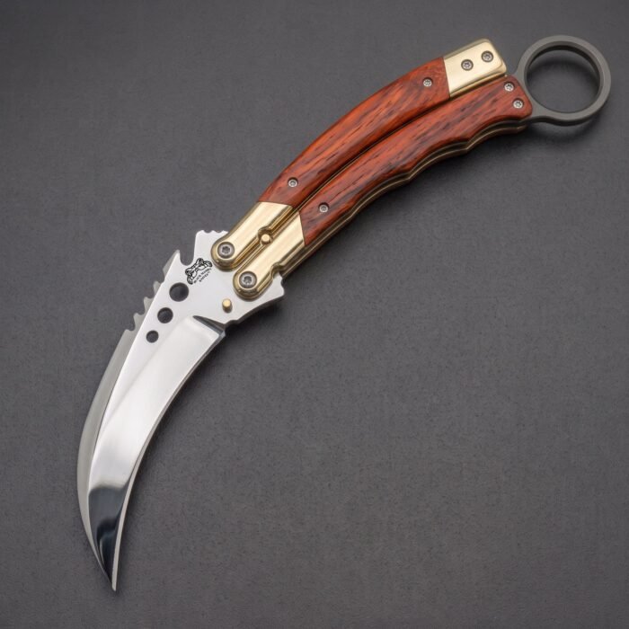 Handmade karambit balisong butterfly knife with mirror polished blade, rose wood handle and brass bolsters