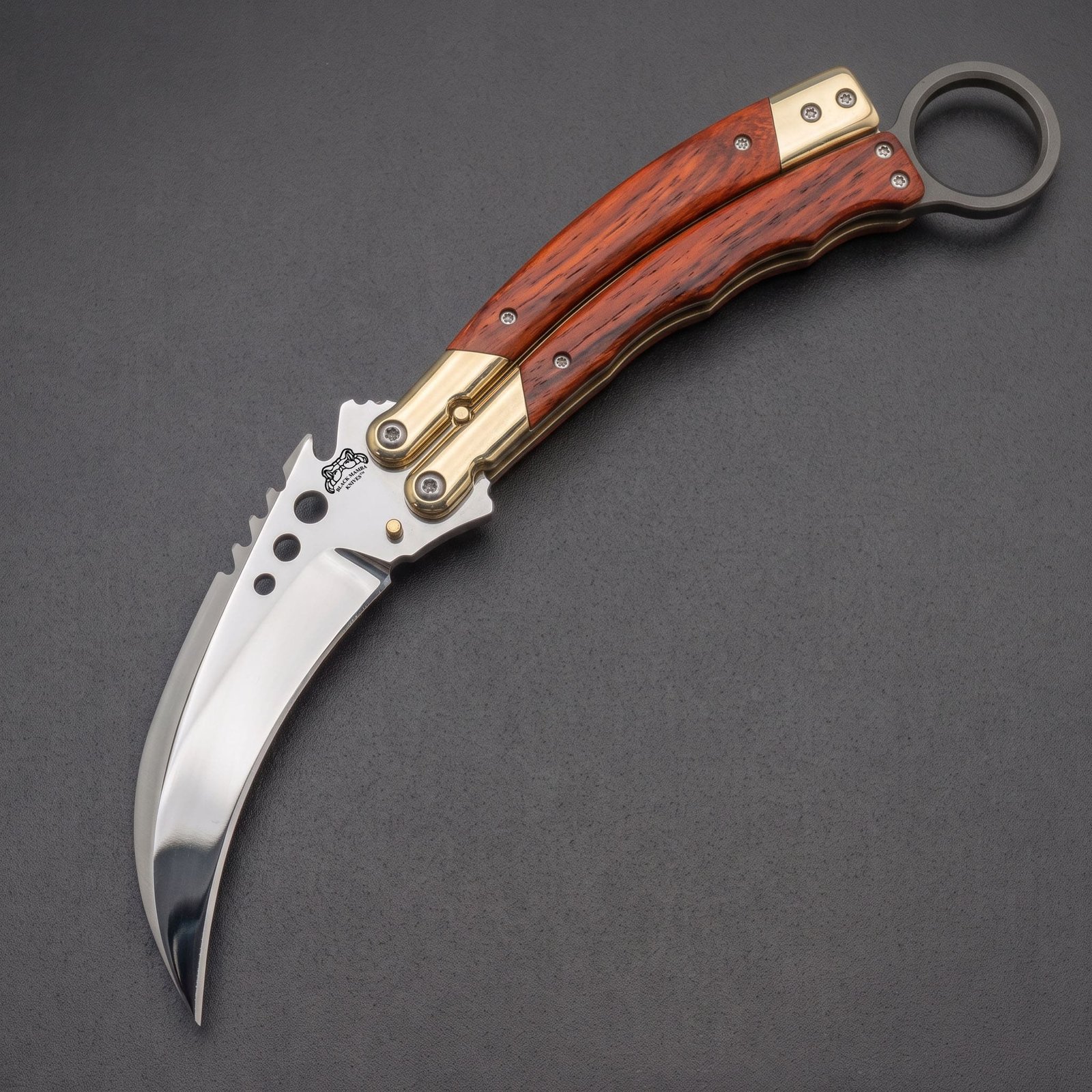 1 Handmade karambit balisong butterfly knife with mirror polished blade, rose wood handle and brass bolsters