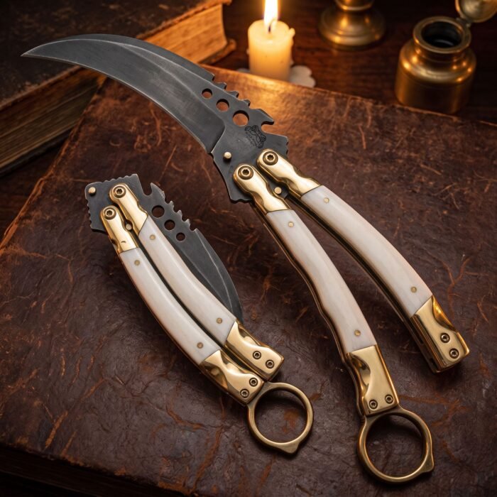 Handmade karambit balisong butterfly knife with dark forged blade, buffalo bone handle and brass frame