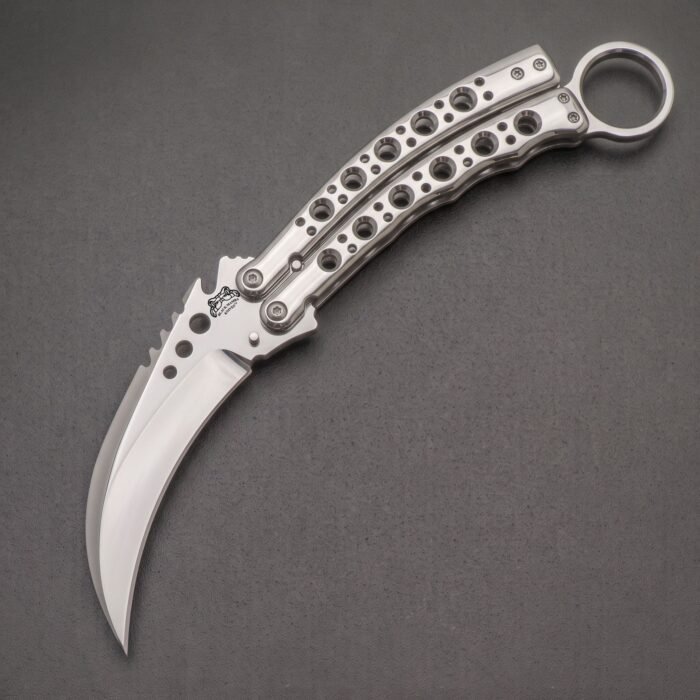 Handmade karambit balisong butterfly knife with mirror polished blade and skeletonised steel handle