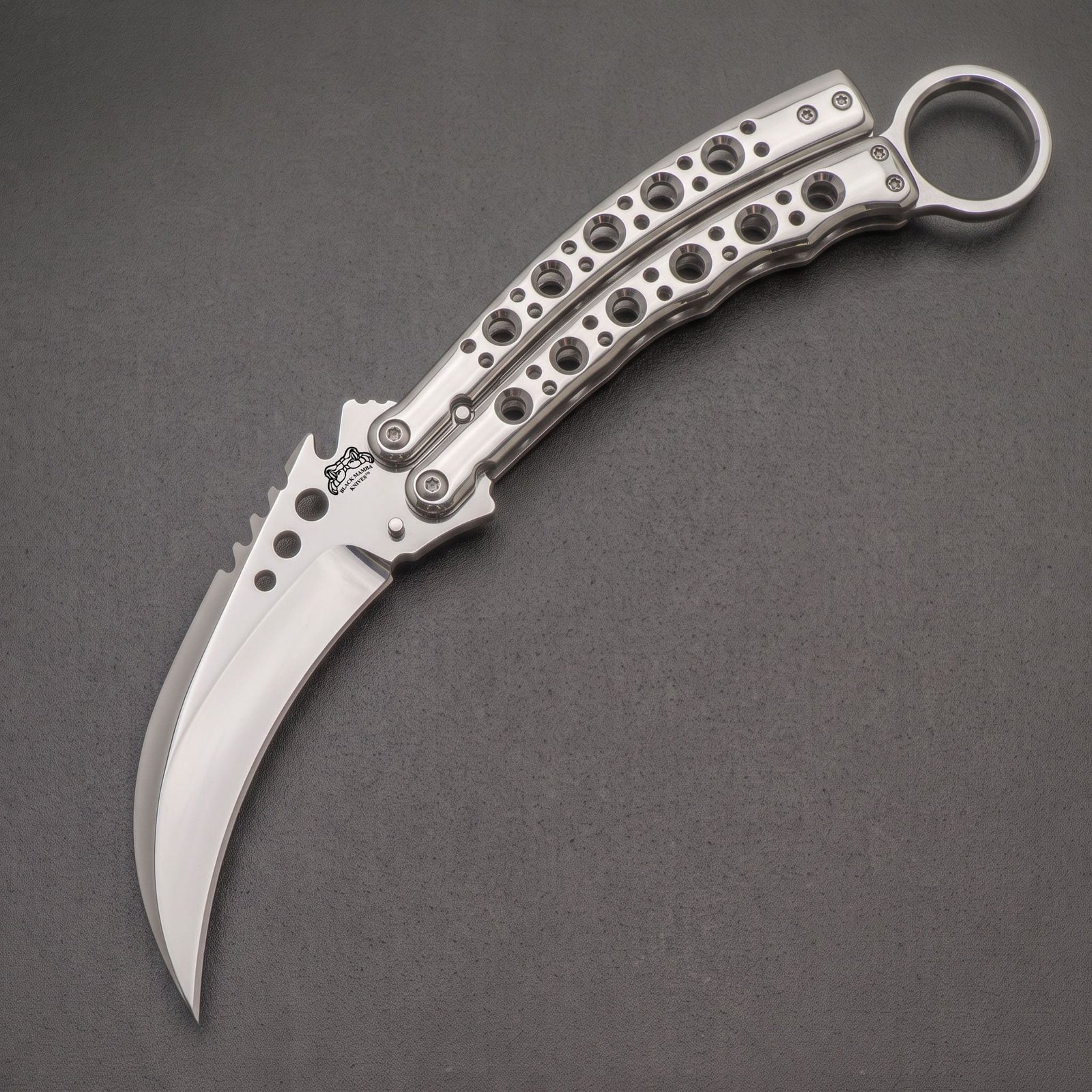 11 Handmade karambit balisong butterfly knife with mirror polished blade and skeletonised steel handle