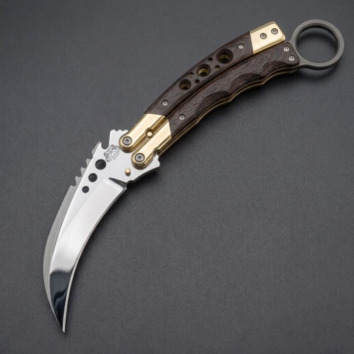 Handmade karambit balisong butterfly knife with mirror polished blade, dark wenge wood handle and brass bolsters