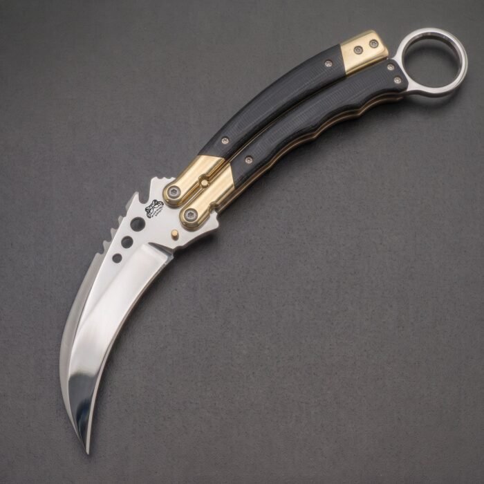 Handmade karambit balisong butterfly knife with polished blade, black buffalo horn handle and brass bolsters