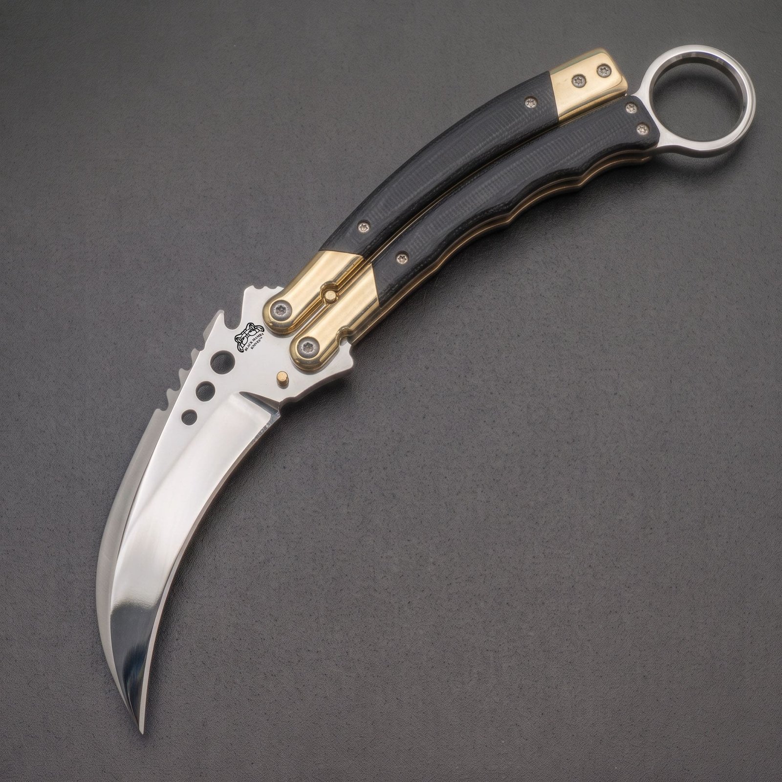 13 Handmade karambit balisong butterfly knife with polished blade, black buffalo horn handle and brass bolsters