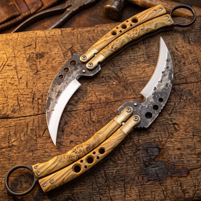 Handmade karambit balisong butterfly knife with dark forged blade and figured olive burl wood handle