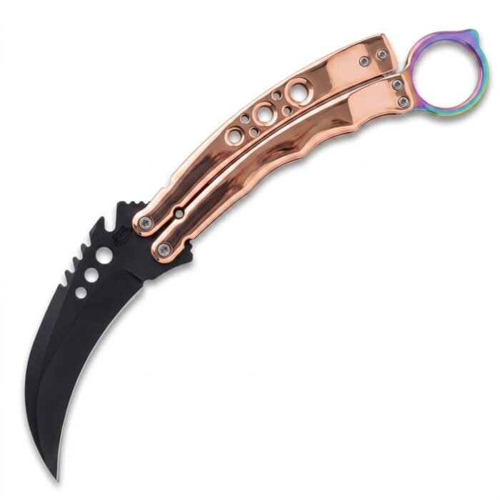 Handmade karambit balisong butterfly knife with black coated blade, copper handle and anodised titanium ring