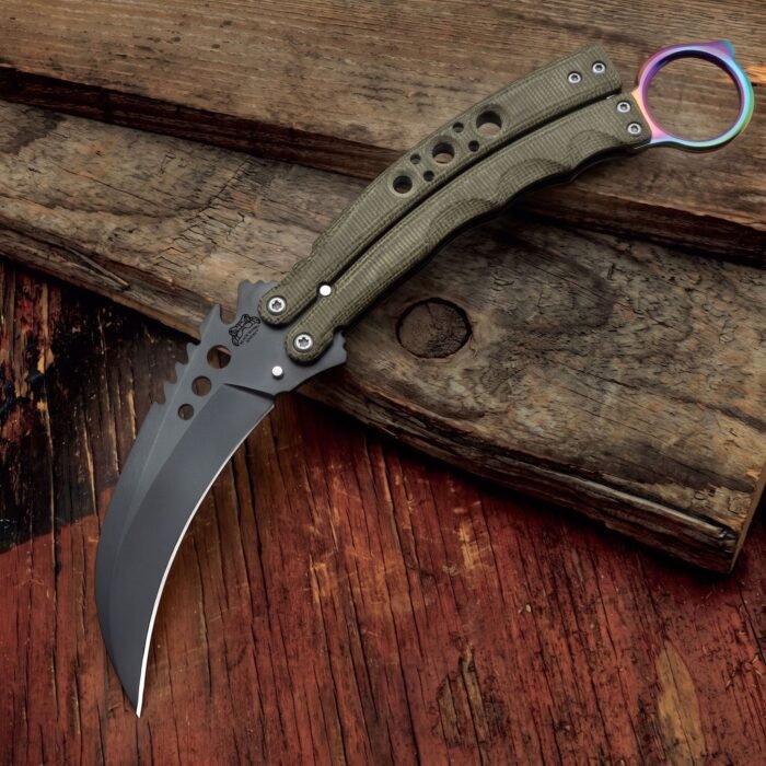 Handmade karambit balisong butterfly knife with black coated blade, OD green micarta handle and anodised titanium ring