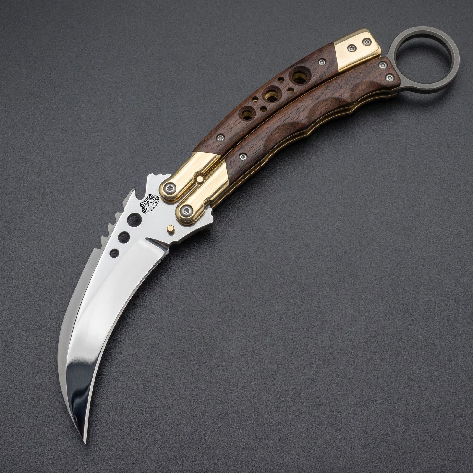 4 Handmade karambit balisong butterfly knife with mirror polished blade, walnut handle and brass bolsters