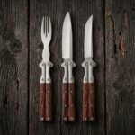 Piging Handmade Balisong Steak Knife Set of Three | High Polished High Carbon Steel | Rose Wood Handles with Leather Sheaths BF-171