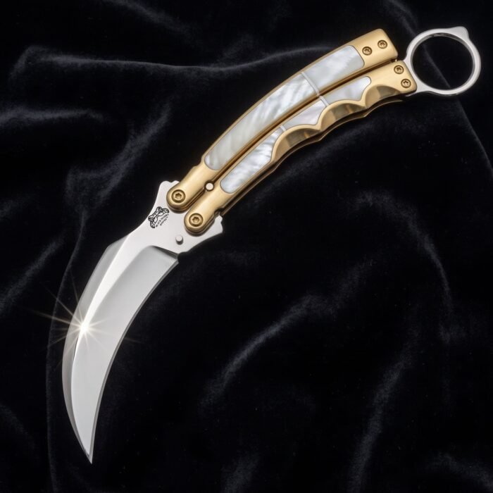 Handmade karambit balisong butterfly knife with mirror polished blade and mother of pearl handle in a brass frame