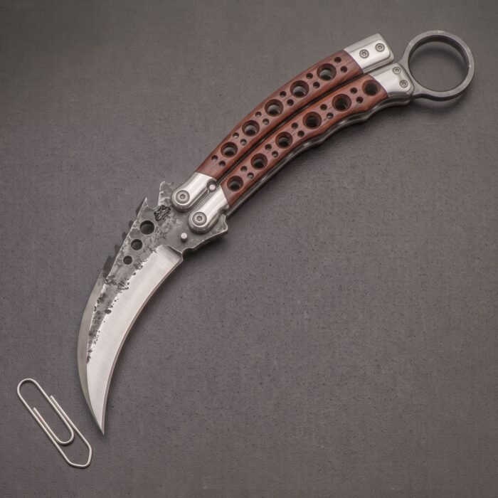 Handmade karambit balisong butterfly knife with forged high carbon blade and rose wood handle