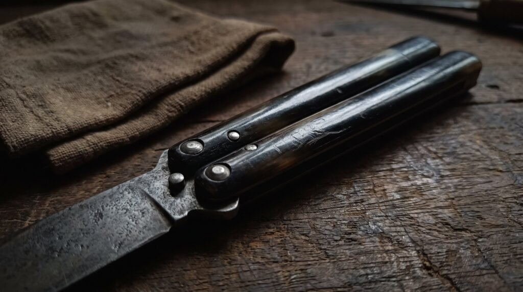 Old well used balisong butterfly knife with dark carabao horn handles and a patinated blade lying on aged wood
