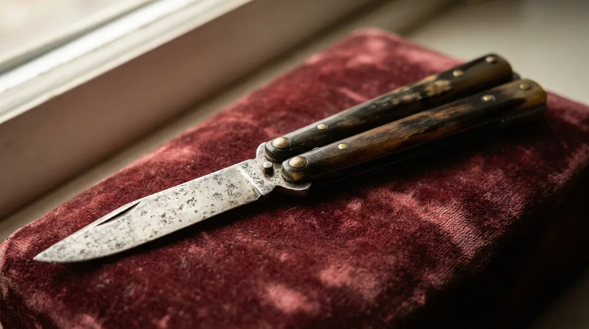 A single antique balisong with a tarnished blade and aged horn handles resting on faded velvet