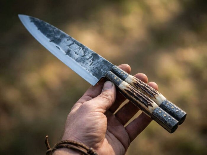 Apoy balisong kitchen chef knife held in hand, second view