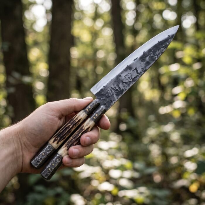 Apoy balisong kitchen chef knife held in hand, third view