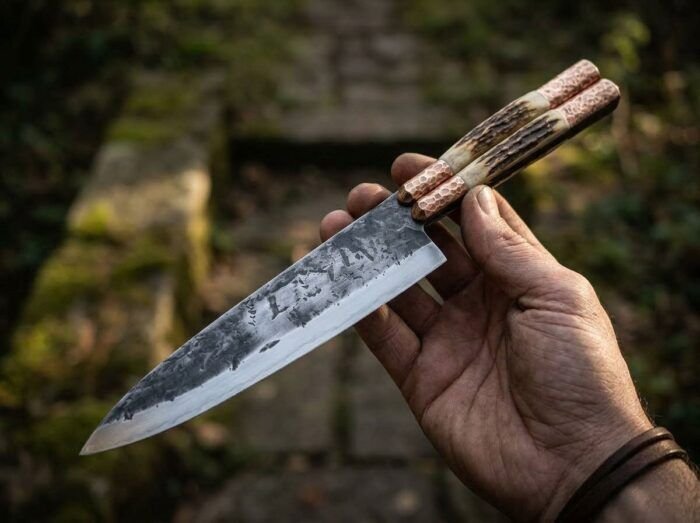 Baga balisong kitchen chef knife held in hand, third view