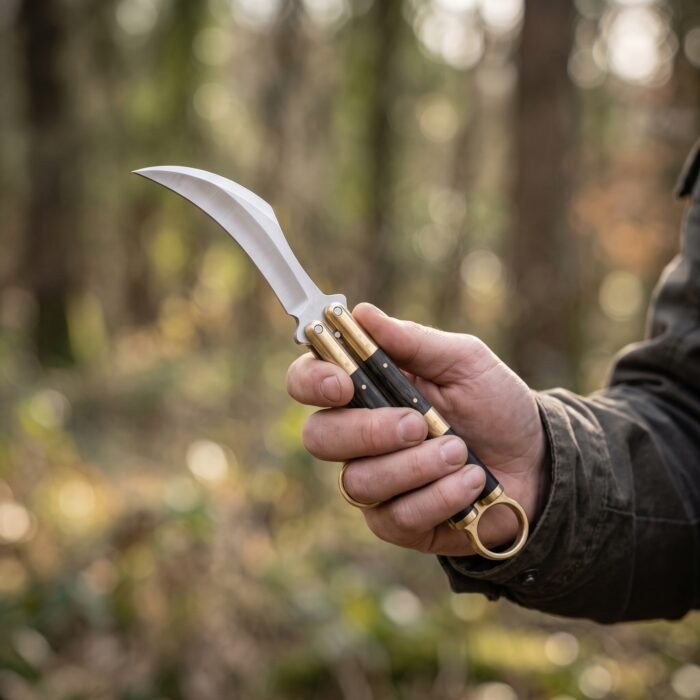 Bagyo karambit balisong knife held in hand, second view