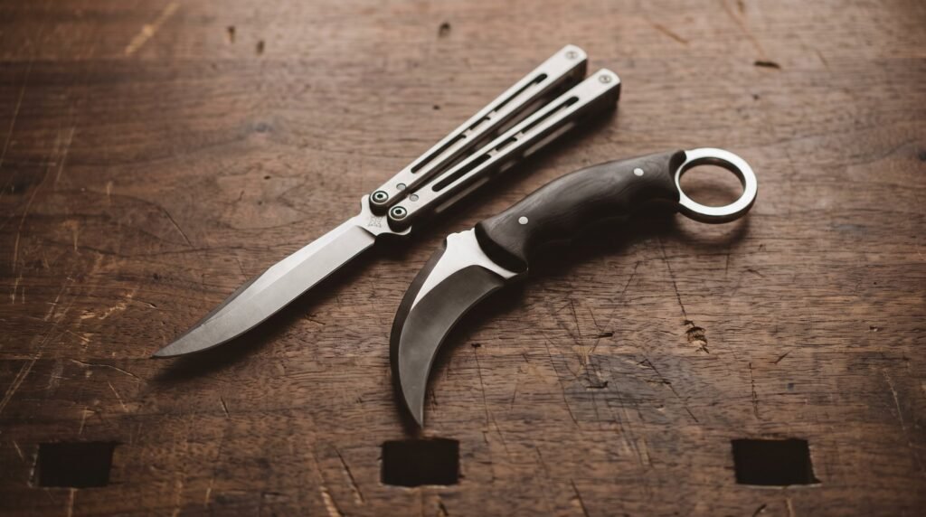 A balisong butterfly knife with a straight blade lying open beside a karambit with a curved hawkbill blade and a steel finger ring on a dark walnut bench