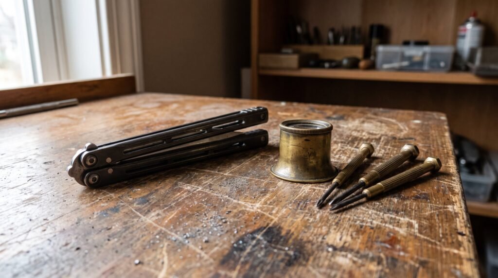 Closed balisong on a workshop bench beside a brass loupe and small brass tools used for checking a butterfly knife