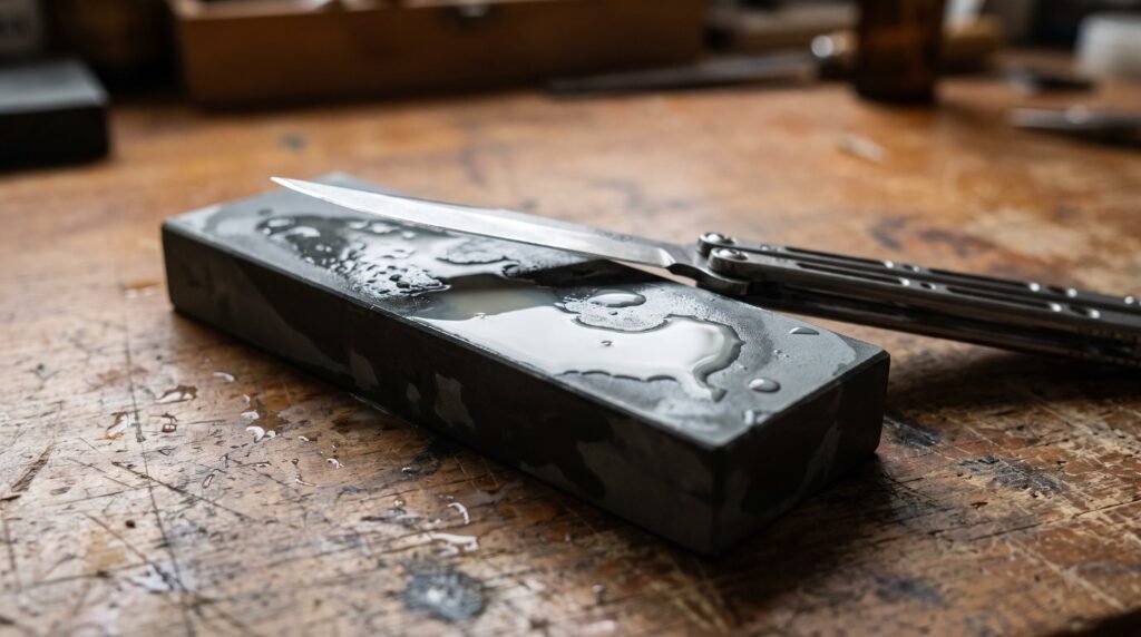 Butterfly knife blade resting against a wet grey whetstone on a worn wooden workbench with water pooled on the stone