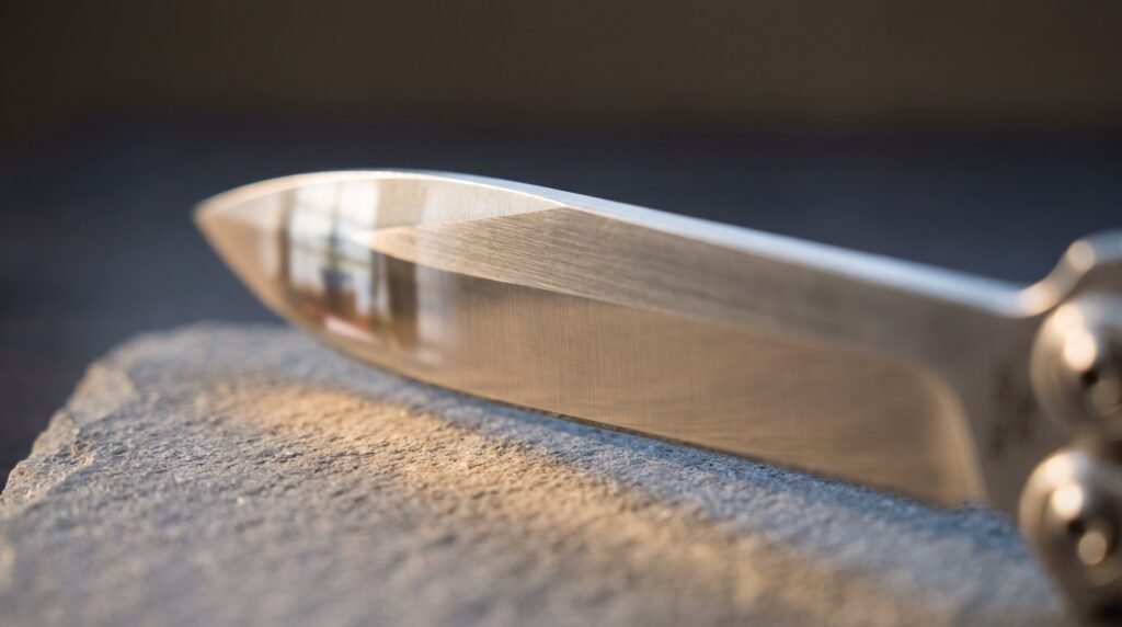 Extreme macro of the polished satin blade of a balisong butterfly knife resting on grey slate with a brass pivot visible