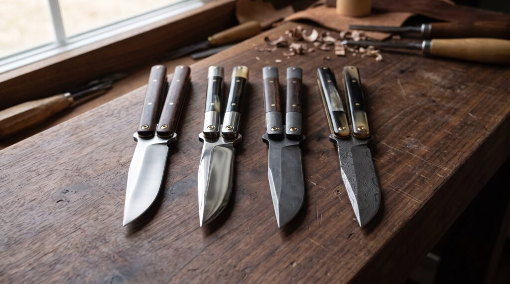 Four butterfly knives with different blade steel finishes laid in a row on a dark walnut workbench with brass pivot pins