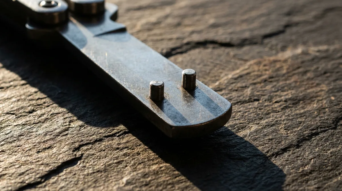 Close-up of a butterfly knife blade tang with its two protruding tang pins