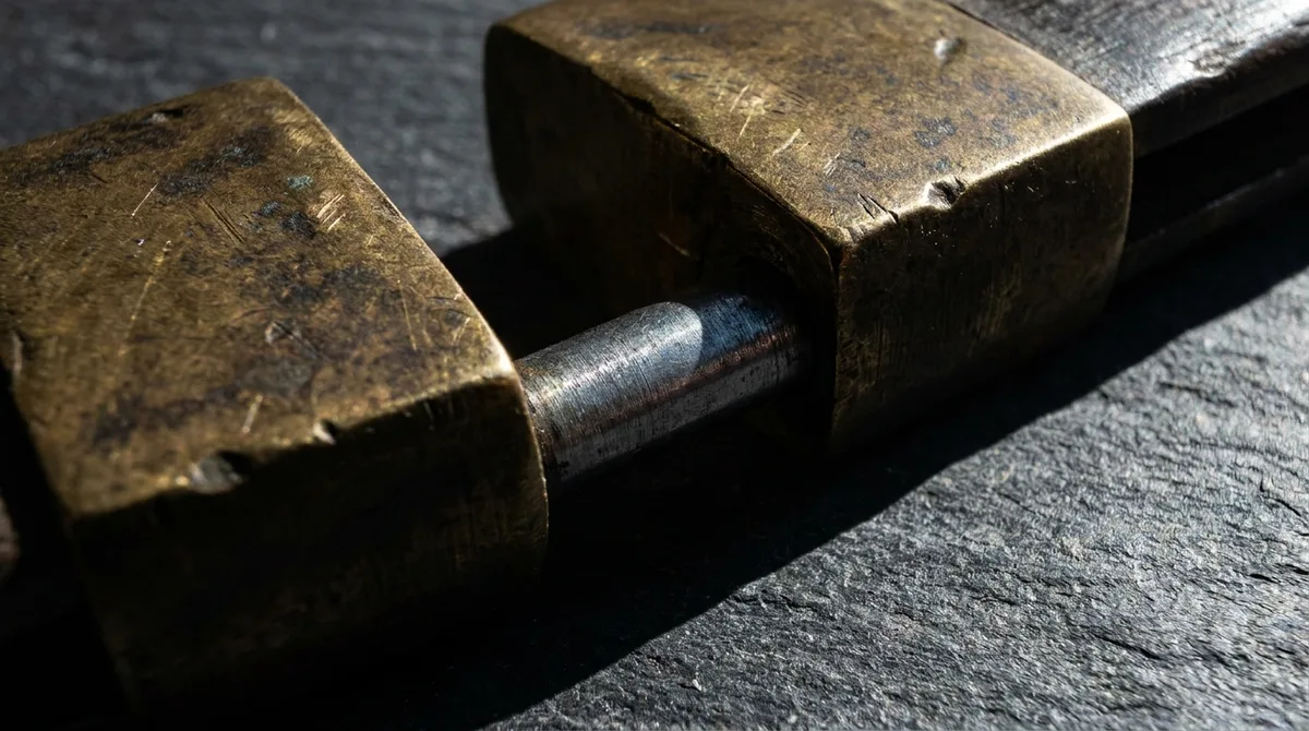 Close-up of thick brass bolsters at the pivot end of a butterfly knife handle