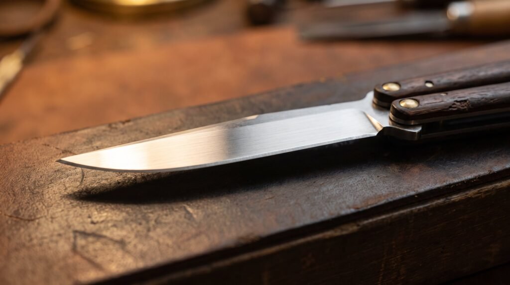 Open handmade balisong butterfly knife resting on a leather strop, showing the polished satin blade, edge bevel and brass pivot pin