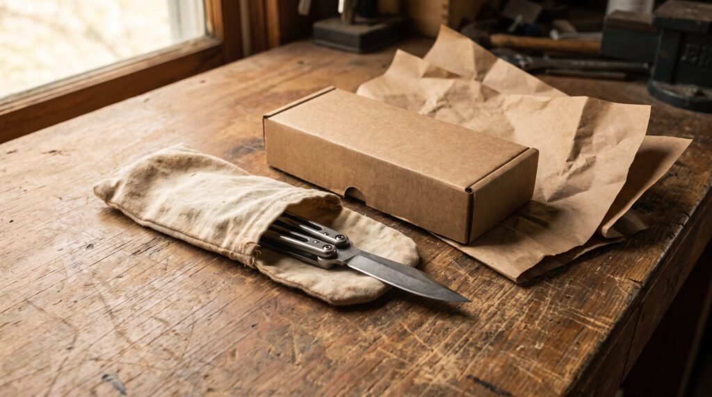 A balisong butterfly knife lying in an open cloth wrap beside a plain kraft cardboard box and crumpled packing paper