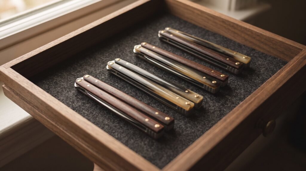 Five closed balisong butterfly knives laid out in rows on charcoal felt inside a shallow walnut drawer