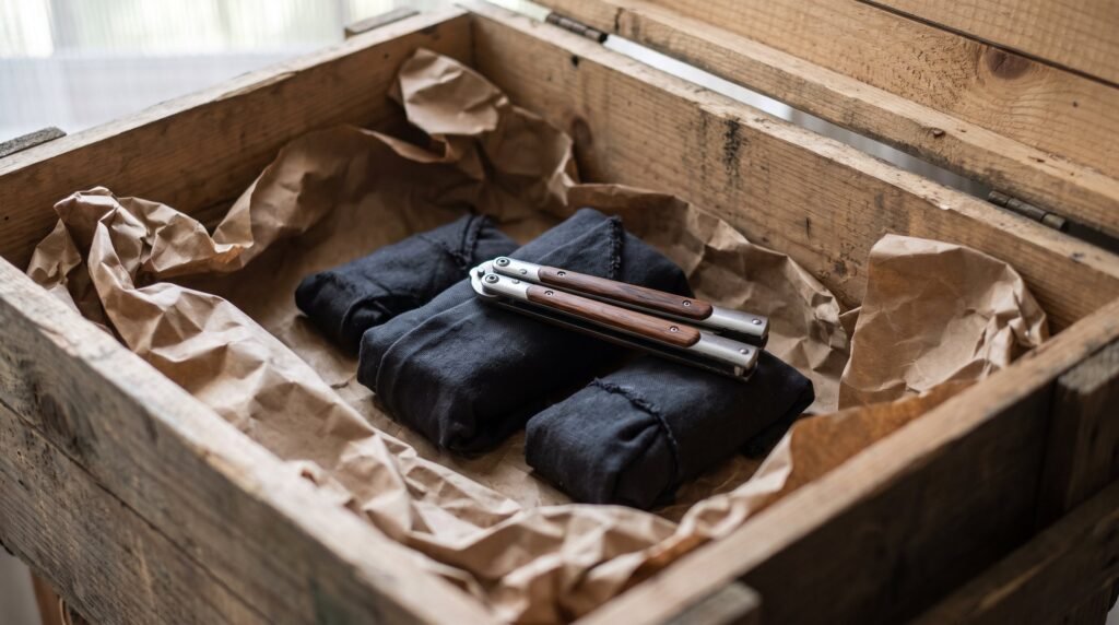 Looking down into a wooden packing crate lined with kraft paper, cloth bundles inside and a closed balisong resting on top