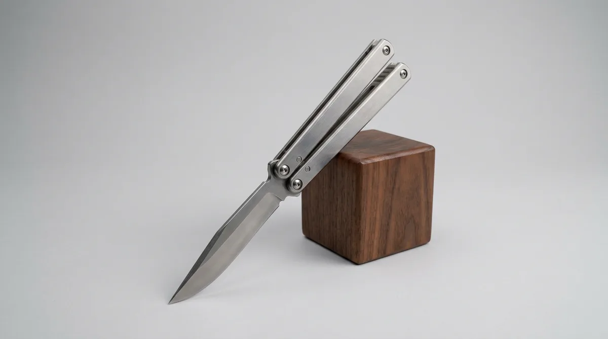 Butterfly knife propped half open against a small hardwood block on grey seamless