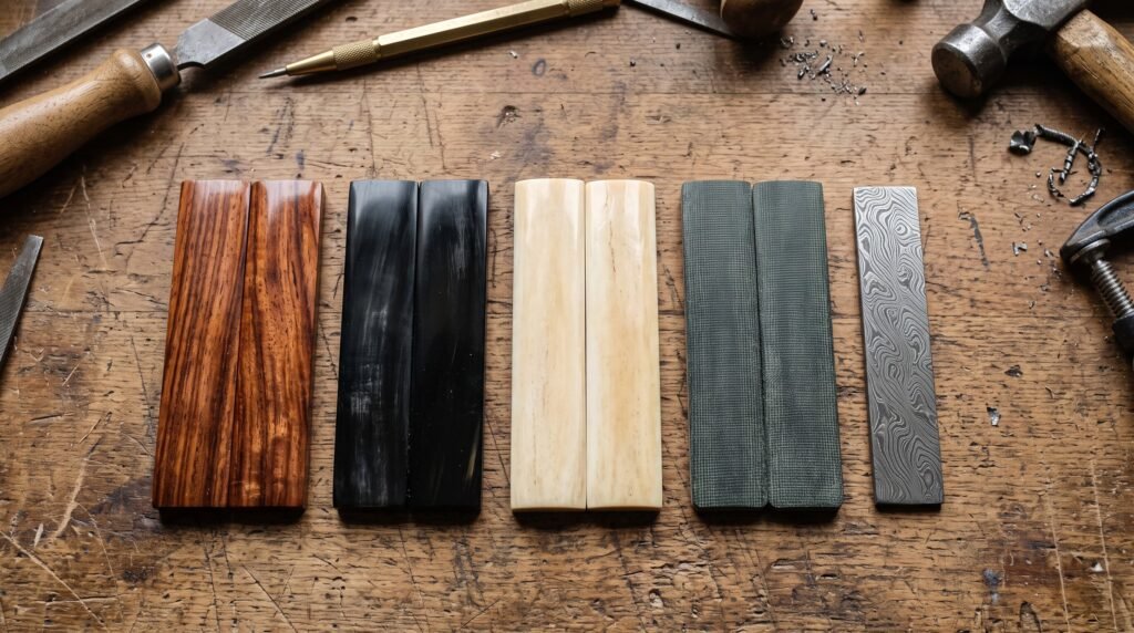 Knife handle scale blanks laid out on a workbench in rosewood, buffalo horn, bone, micarta and layered damascus steel