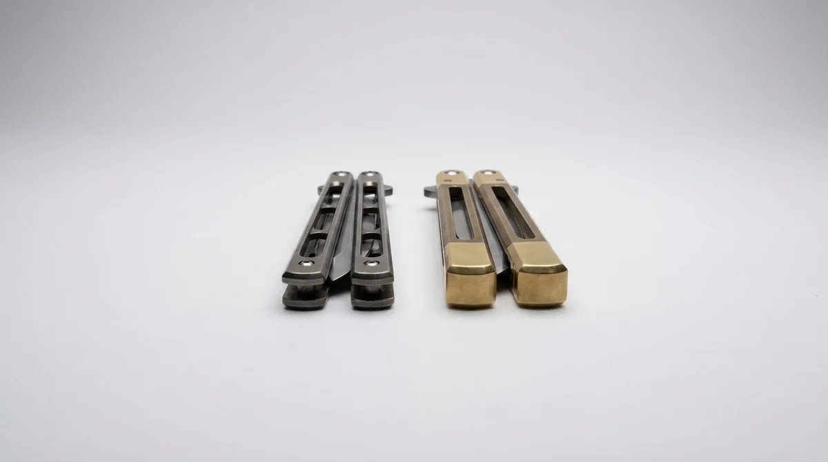 Two closed butterfly knives side by side, one with slim handles and one with heavy brass bolsters
